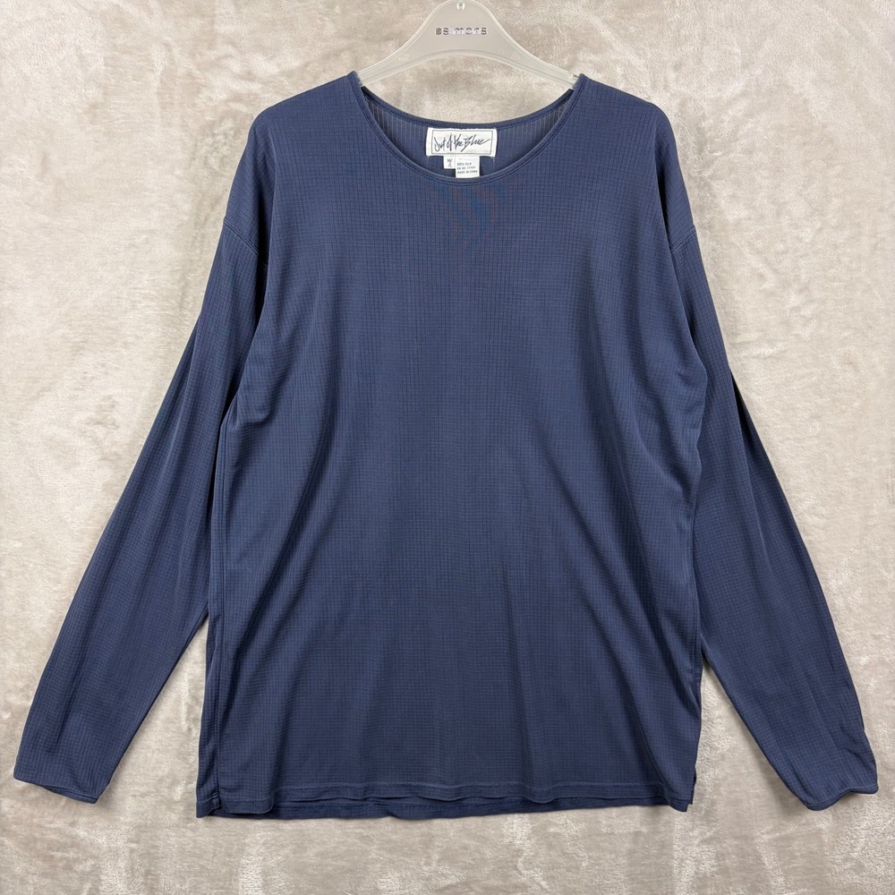 VTG Out of the Blue M/L Silk Waffle Texture Long Sleeve Top Navy Blue Athleisure